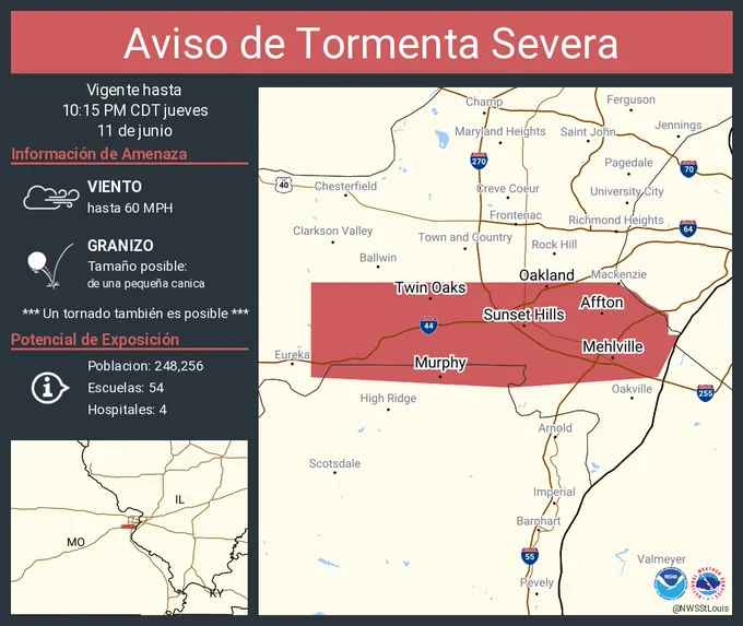 Este gráfico muestra la localización en el mapa de un aviso de tormenta severa. El aviso estará en efecto hasta las 10:15 PM CDT. El aviso incluye a Mehlville MO, Affton MO, Lemay MO. El aviso incluye el norte centro del condado de Jefferson en el este centro de Missouri y el suroeste del condado de Saint Louis en el este centro de Missouri. Las amenazas asociadas a este aviso son: ráfagas de viento de 60 MPH y granizo del tamaño de una pequeña canica. Hay 248,256 personas bajo este aviso incluyendo 54 escuelas y 4 hospitales.