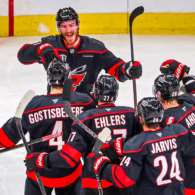 Andrei Svechnikov, Shayne Gostisbehere, Nikolaj Ehlers, Seth Jarvis, and Sebastian Aho celebrate after a power play goal during the 2006 Stanley Cup Final.