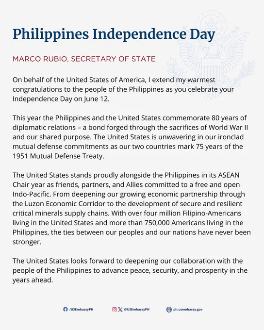 Secretary of State Marco Rubio’s statement on Philippines Independence Day.