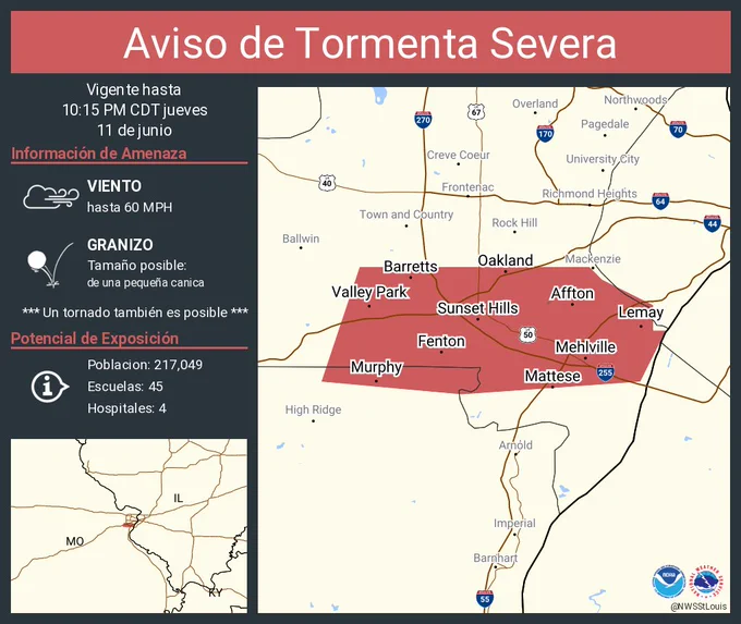 Este gráfico muestra la localización en el mapa de un aviso de tormenta severa. El aviso estará en efecto hasta las 10:15 PM CDT. El aviso incluye a Mehlville MO, Affton MO, Lemay MO. El aviso incluye el norte centro del condado de Jefferson y el sur centro de Saint Louis . Las amenazas asociadas a este aviso son: ráfagas de viento de 60 MPH y granizo del tamaño de una pequeña canica. Hay 217,049 personas bajo este aviso incluyendo 45 escuelas y 4 hospitales.