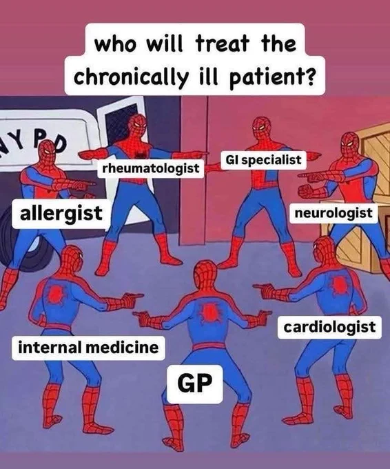 Who will treat the chronically ill patient? meme of a bunch of spider man pointing at each other with the labels: Rheumatologist, GI specialist, neurologist? cardiologist, GO, internal medicine, allergist. Image found from Pinterest