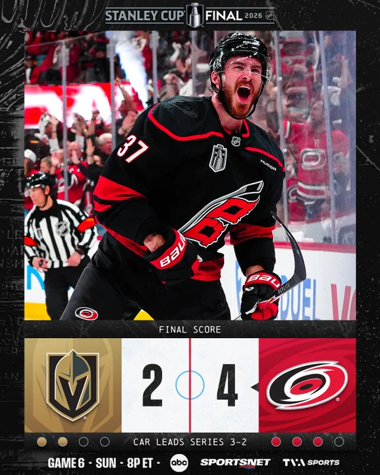 Final score: Hurricanes defeat Golden Knights 4-2 (CAR leads series 3-2)