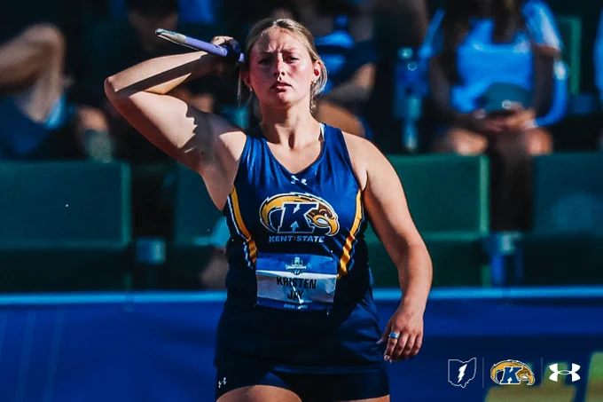 This image shows an athlete from Kent State University in a blue and yellow uniform, preparing to throw a javelin. The Kent State logo is visible on the uniform. Logos for the NCAA, Kent State, and Under Armour appear at the bottom.