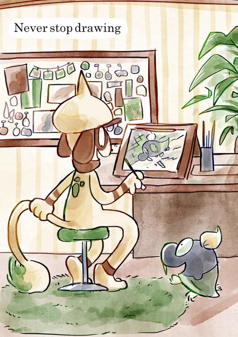 Digital watercolour illustration of the Pokémon, Smeargle and Shroodle. Smeargle is drawing at an art station, sat on a green stool. They hold their tail in one hand and a painting tool in another. The paper in front of them shows a drawn Shroodle. Shroodle themself is looking up at Smeargle at work, excited and smiling. The stool rests on a fluffy green rug. On the wall next to Smeargle is an assortment of prints, stickers and charms, hung up on a display board or corkboard. At the top of the image is text that reads, "never stop drawing". It is undisclosed which of the two Pokémon is saying this.