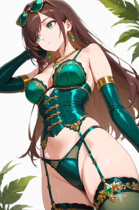 cat-eye sunglasses with green tinted lens and gold frame on head
(deep green satin bra), emerald decoration along bra edges,
dark green satin high-waist panties,
(emerald sheer corset bustier overlay),
dark green satin elbow gloves,
gold chain necklace, emerald drop earrings,
dark green thighhighs, gold garter belt