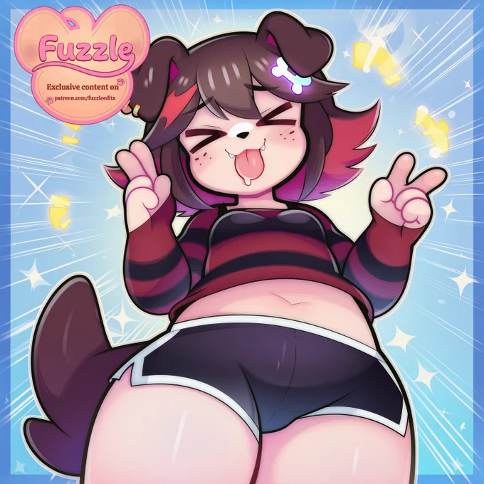 Digital anime-style illustration of a cute, stylized dog-like character with brown hair and colorful highlights. The character is posing from a low-angle perspective, smiling with their tongue out, and making peace signs with both hands. They are wearing a striped shirt and dark shorts. The background is a bright, sparkling blue with radiating lines, giving off a high-energy, cheerful atmosphere.