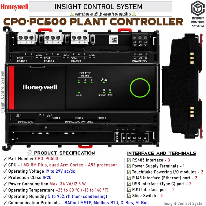 ✔️ The CPO-PC500 is a next generation plant controller of the Comfort Point Open (CPO) Plant Controller family powered with a quad-core processor.
✔️ This an Ethernet-based, freely programmable, and native BACnet Building Controller (B-BC).
✔️ The CPO-PC500 is designed for a wide variety of complex applications. 
✔️ This device features three RS485 channels, two Ethernet ports for BACnet IP devices, an RJ11 interface for HMI device, Touch flakes to connect with multiple IOs in series, and two USB Type-C interfaces to connect with PC/laptop for serial communication.
✔️ Built-in advanced diagnostics software facilitating troubleshooting for IP and MSTP devices.
✔️ Programmed and Serviced using the Honeywell CPO Studio Tool Suite.
