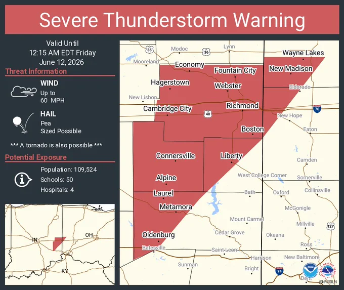 This graphic displays a severe thunderstorm warning plotted on a map. The warning is in effect until 12:15 AM EDT. The warning includes Richmond IN, Connersville IN and Centerville IN.  This warning is for Western Franklin County in southeastern Indiana, Wayne County in east central Indiana, Northwestern Union County in east central Indiana, Fayette County in east central Indiana, Northwestern Preble County in west central Ohio and Southwestern Darke County in west central Ohio. The threats associated with this warning are wind gusts up to 60 MPH and pea sized hail. There are 109,524 people in the warning along with 50 schools and 4 hospitals.