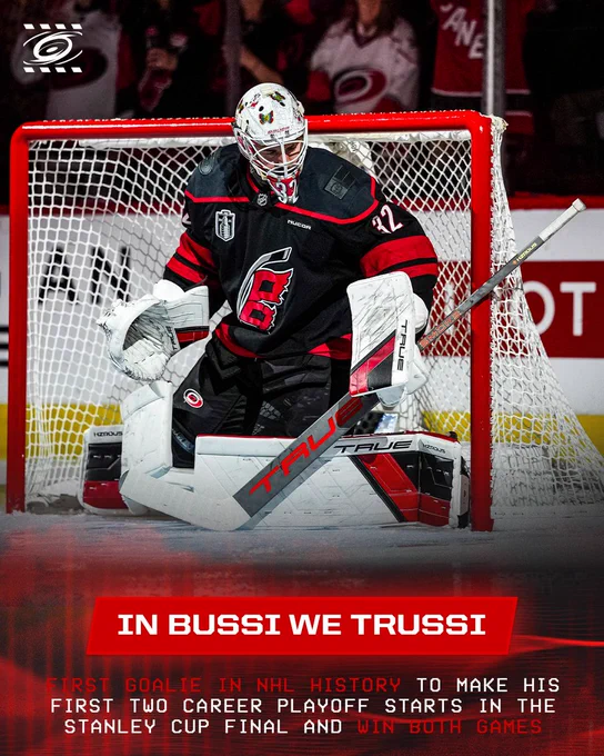 Graphic with a photo of Brandon Bussi and the following: 

In Bussi We  Trussi 

First goalie in NHL History to make his first two career playoff starts in the Stanley Cup Final and win both games.