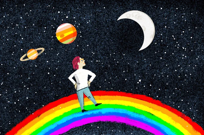 A person stands confidently on a vibrant rainbow arching through space. They gaze at the starry sky with planets resembling Saturn and Jupiter, and a crescent moon. The background is a speckled, cosmic scene.