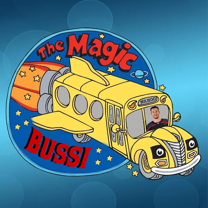 Meme with Brandon Bussi driving a bus called The Magic Bussi
