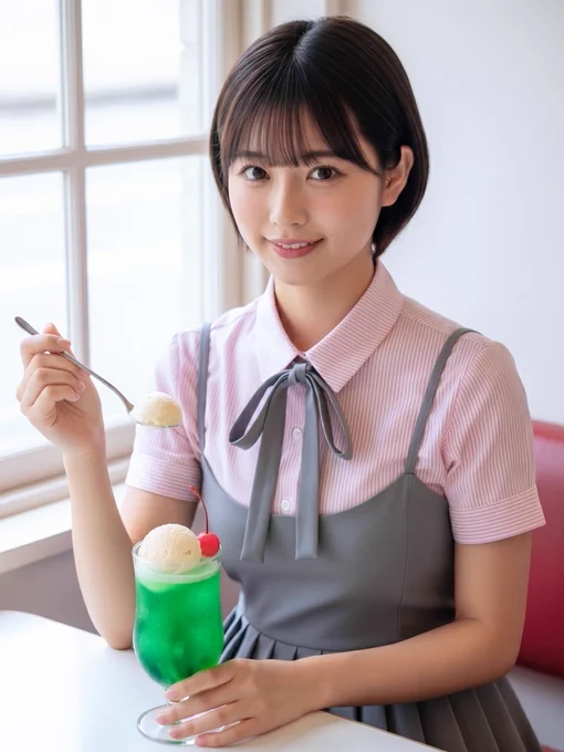 メロンクリームソーダを楽しむショートカット女子