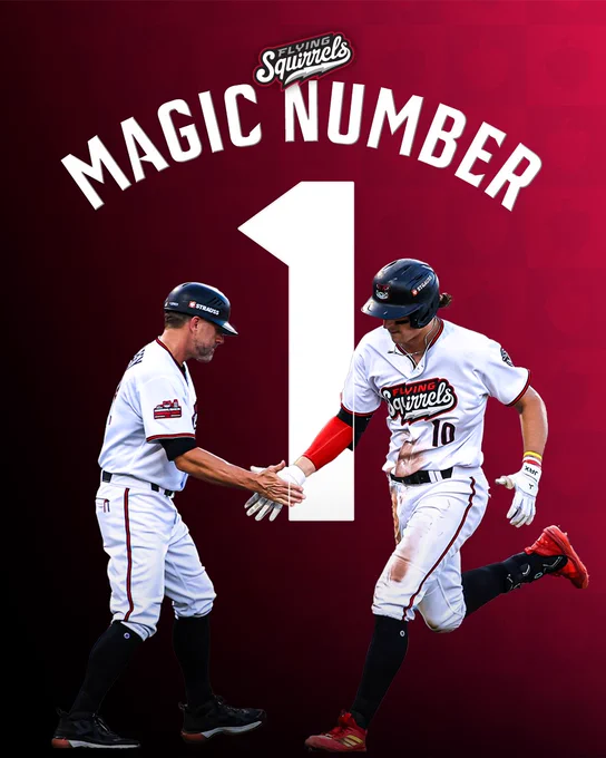 Two baseball players in Flying Squirrels uniforms celebrate a victory with a handshake and high-five. The image prominently displays the text 'Magic Number 1', signifying an important milestone.