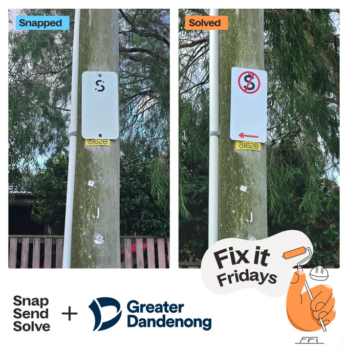 Comparison of a street sign before and after fixing, as part of Greater Dandenong's 'Fix it Fridays' initiative. A successfully repaired sign promotes community safety.