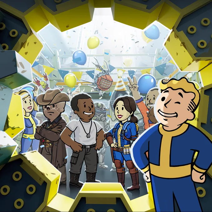 An image of Vault Boy along with Lucy, Max, and The Ghoul as they appear in Fallout Shelter, inside a Vault with blue and yellow balloons. 