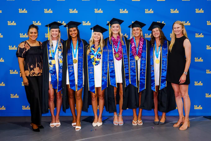 UCLA graduates Ensley Alden, Maggie Boyd, Kenzie Brower, Taylor Ford, Jayla Shanks and Kylie Vaickus