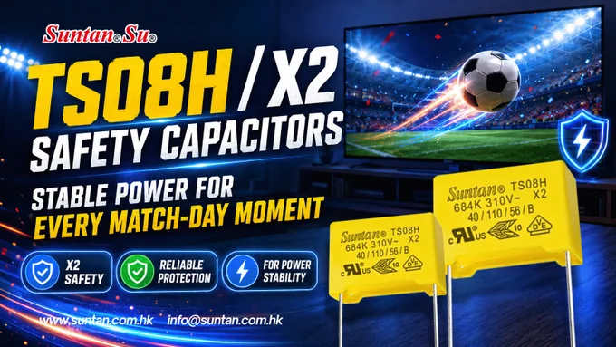 Football-themed promotional banner for TS08H X2 safety capacitors, showing a stadium screen, glowing football, blue shield icon, and bold message about stable power and reliable protection.