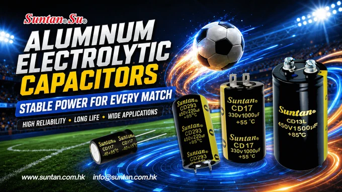 Football-themed promotional banner for aluminum electrolytic capacitors, featuring a glowing stadium scene, energy trails, and bold text highlighting stable power, long life, and wide applications.