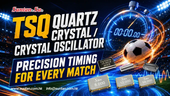 Football-themed promotional banner for TSQ quartz crystal and crystal oscillator products, with a stopwatch, glowing football, waveform graphics, and bold text emphasizing precision timing and stable frequency.