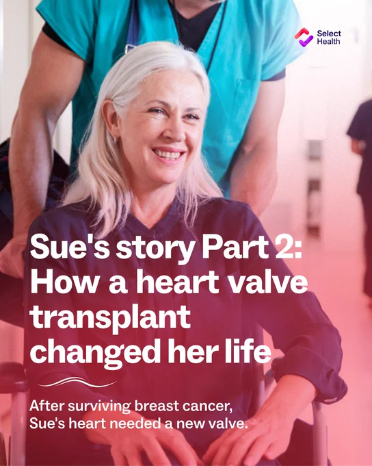 A person with light-colored hair sits in a wheelchair, smiling, assisted by a person in medical attire. The text reads: "Sue's story Part 2: How a heart valve transplant changed her life. After surviving breast cancer, Sue's heart needed a new valve." The Select Health logo is in the top right corner.
