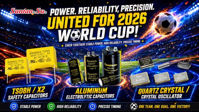 Promotional banner showing Suntan TS08H X2 safety capacitors, aluminum electrolytic capacitors, and quartz crystal oscillator products in a stadium-style football theme with bold text highlighting stable power, high reliability
