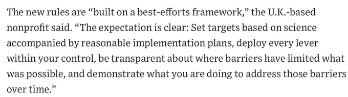 "The new rules are “built on a best-efforts framework,” the U.K.-based nonprofit said. “The expectation is clear: Set targets based on science accompanied by reasonable implementation plans, deploy every lever within your control, be transparent about where barriers have limited what was possible, and demonstrate what you are doing to address those barriers over time.”"