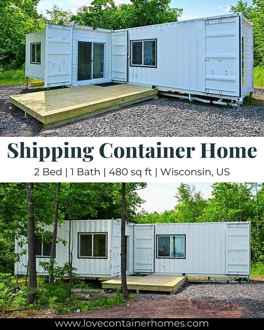 2 Bedrooms Shipping Container House in Wisconsin, USA, built out of one 20ft and one 40ft high cube shipping containers. Total built of area 480 sq ft. Contact us for container home plans|