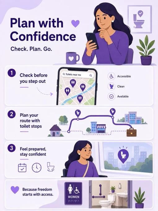 Illustrated infographic promoting accessible toilet planning. A woman uses a phone to locate nearby accessible, clean, and available toilets. Three steps show checking facilities before leaving, planning a route with toilet stops, and travelling confidently. The graphic ends with the message “Because freedom starts with access” and depicts an accessible women’s restroom with wheelchair signage, Braille, grab bars, and accessible fixtures.
