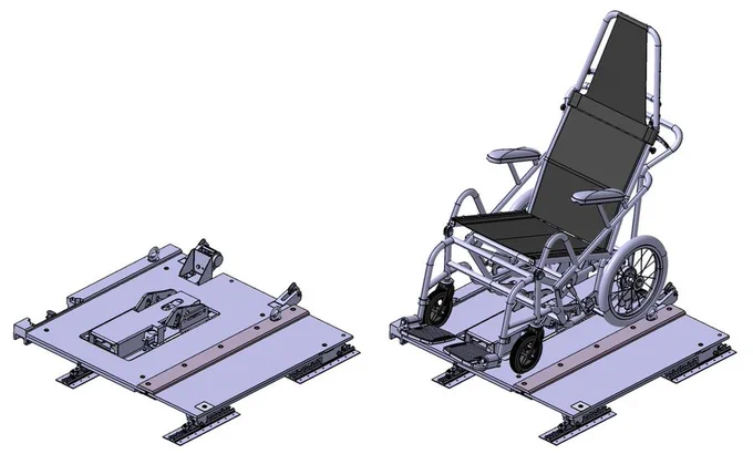 Wheelchair securement device for aircraft (left) and wheelchair secured onto it (right) 