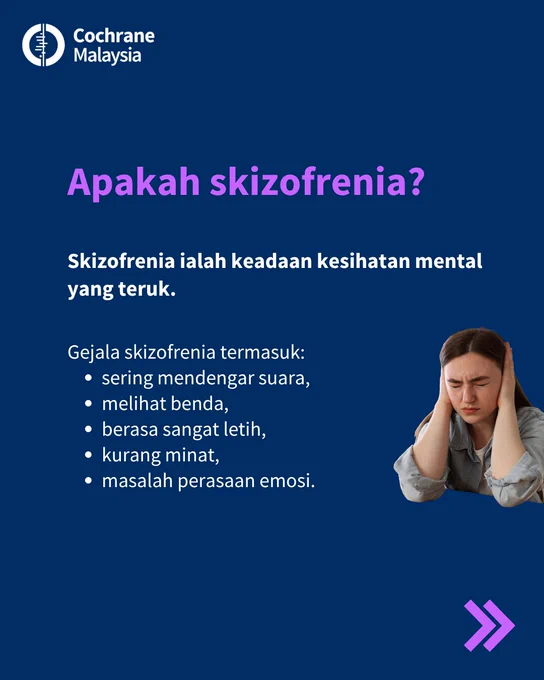 Apakah skizofrenia? Skizofrenia ialah keadaan kesihatan mental yang teruk. Gejala skizofrenia termasuk sering mendengar suara, melihat benda, berasa sangat letih, kurang minat, dan masalah perasaan emosi. 