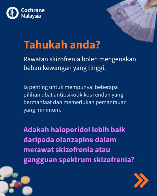 Tahukah anda? Rawatan skizofrenia boleh mengenakan beban kewangan yang tinggi. Ia penting untuk mempunyai beberapa pilihan ubat antipsikotik kos rendah yang bermanfaat dan memerlukan pemantauan yang minimum. Adakah haloperidol lebih baik daripada olanzapine dalam merawat skizofrenia atau gangguan spektrum skizofrenia? 