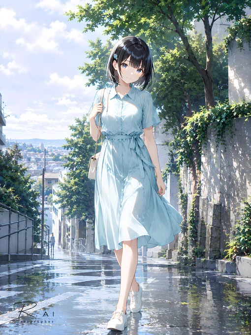 雨上がりの石畳が朝の空を映す坂道を、水色のワンピースを着た女性が歩いている。濡れた路面には木漏れ日が揺れ、遠くには街並みと青空が広がる。少し早く家を出ただけなのに、見慣れた道がいつもより澄んで見えた。足音だけが静かに響いて、朝がゆっくり始まっていく。