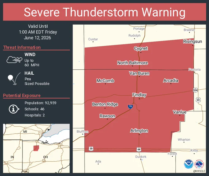 This graphic displays a severe thunderstorm warning plotted on a map. The warning is in effect until 1:00 AM EDT. The warning includes Findlay OH, North Baltimore OH and McComb OH.  This warning is for Southern Wood County in northwestern Ohio and Hancock County in northwestern Ohio. The threats associated with this warning are wind gusts up to 60 MPH and pea sized hail. There are 92,959 people in the warning along with 46 schools and 2 hospitals.