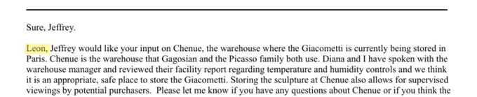 EFTA00674994 - Epstein's office writing to Leon Black about Giacometti sculpture storage in Paris, January 2017