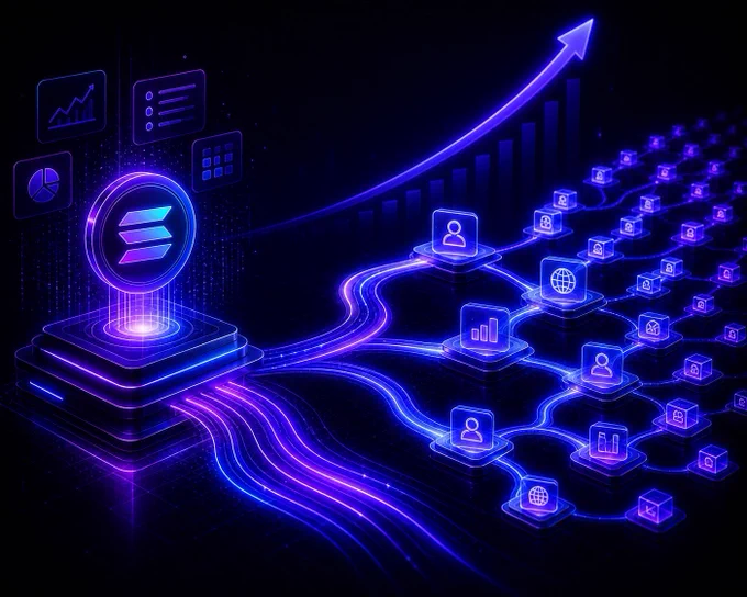 Futuristic neon digital network with a central system node distributing energy through interconnected pathways, enabling smooth expansion and upward growth, symbolizing efficient systems that drive scalable progress for Kinny List platform
