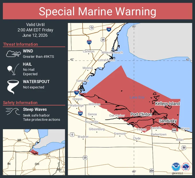 This graphic displays a special marine warning plotted on a map. The warning is in effect until 2:00 AM EDT. The warning includes Reno Beach to The Islands OH, Reno Beach to The Islands OH beyond 5NM off shoreline to US-Canadian border, The Islands to Vermilion OH and Maumee Bay to Reno Beach OH. The threats associated with this warning are wind gusts greater than 49kts and no hail expected.Waterspouts are not expected. Steep waves can be expected. Seek safe harbor and take protective actions.