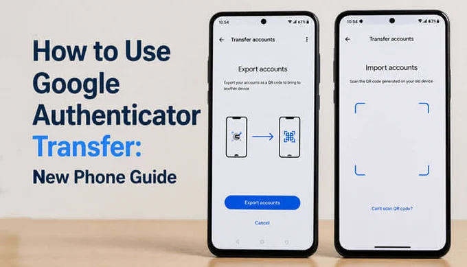 How to Use Google Authenticator Transfer guide showing two smartphones demonstrating account export and import via QR code for secure 2FA transfer to a new phone.