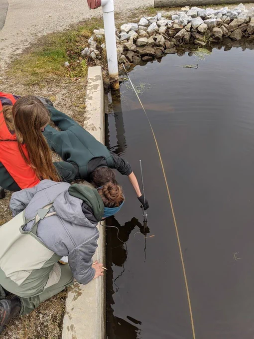 Cedarville High School students install a monitor in a waterway.
Credit: Mi-STEM Network.