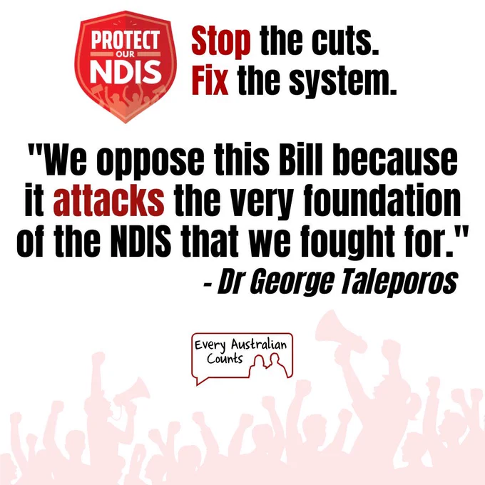 Campaign graphic from Every Australian Counts and the Protect Our NDIS campaign. Text reads: "We oppose this Bill because it attacks the very foundation of the NDIS that we fought for." Attributed to Dr George Taleporos. The graphic features the Protect Our NDIS logo, the slogan "Stop the cuts. Fix the system." and silhouettes of people rallying at the bottom.