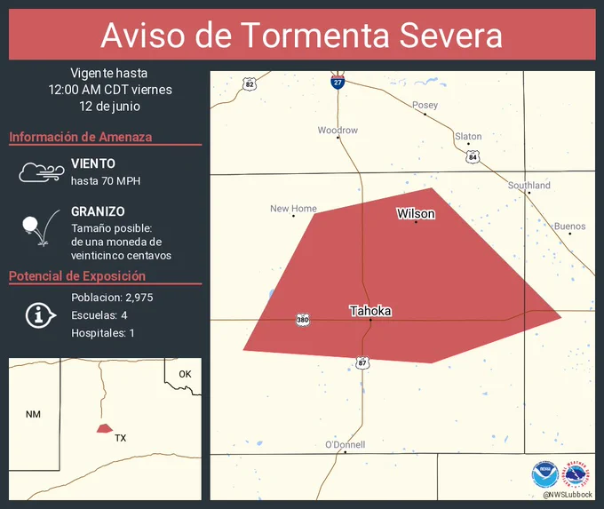 Este gráfico muestra la localización en el mapa de un aviso de tormenta severa. El aviso estará en efecto hasta las 12:00 AM CDT. El aviso incluye a Tahoka TX, Wilson TX. El aviso incluye el sur centro del condado de Lubbock Is Cancelled. Las amenazas asociadas a este aviso son: ráfagas de viento de 70 MPH y granizo del tamaño de una moneda de veinticinco centavos. Hay 2,975 personas bajo este aviso incluyendo 4 escuelas y 1 hospital.
