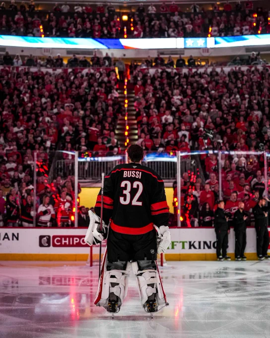 Brandon Bussi standing for the anthem before the game in a Hurricanes uniform.
