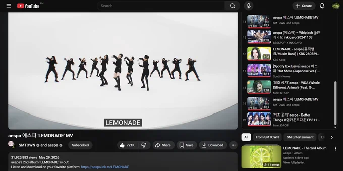 aespa's Lemonade MV almost to 32M views; streaming using aespaintlstream's Lemonade-focus YT PL