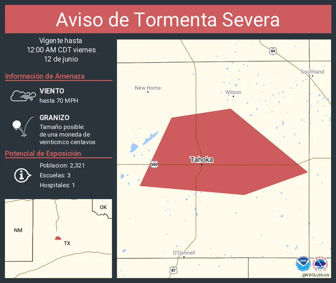 Este gráfico muestra la localización en el mapa de un aviso de tormenta severa. El aviso estará en efecto hasta las 12:00 AM CDT. El aviso incluye a Tahoka TX. El aviso incluye el centro del condado de Lynn y el oeste de Garza . Las amenazas asociadas a este aviso son: ráfagas de viento de 70 MPH y granizo del tamaño de una moneda de veinticinco centavos. Hay 2,321 personas bajo este aviso incluyendo 3 escuelas y 1 hospital.