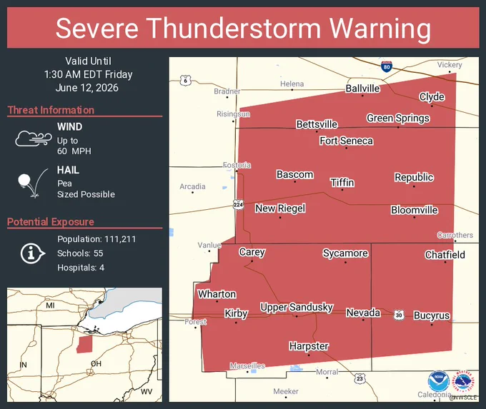 This graphic displays a severe thunderstorm warning plotted on a map. The warning is in effect until 1:30 AM EDT. The warning includes Tiffin OH, Bucyrus OH and Upper Sandusky OH.  This warning is for Seneca County in northwestern Ohio, Wyandot County in northwestern Ohio, Southern Sandusky County in northwestern Ohio and Western Crawford County in north central Ohio. The threats associated with this warning are wind gusts up to 60 MPH and pea sized hail. There are 111,211 people in the warning along with 55 schools and 4 hospitals.
