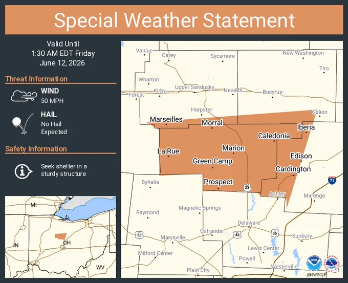 This graphic displays a special weather statement plotted on a map. The statement is in effect until 1:30 AM EDT.  The statement includes Marion OH, Cardington OH and  Prospect OH.  The threats associated with this storm are wind gusts up to 50 MPH and no hail is expected. Seek shelter in a sturdy structure until the storm passes.