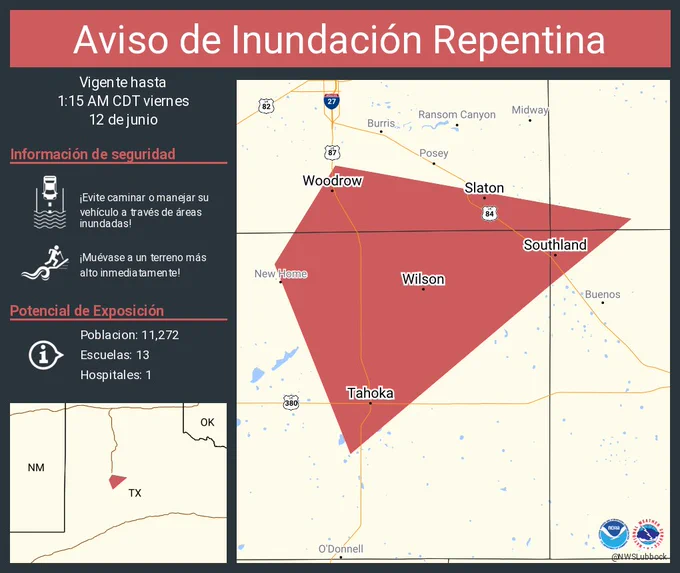Este gráfico muestra la localización en el mapa de un aviso de inundación repentina. El aviso estará en efecto hasta la 1:15 AM CDT. El aviso incluye a Slaton TX, Tahoka TX, Wilson TX. El aviso incluye el suroeste del condado de Crosby en el noroeste de Texas, el noroeste del condado de Garza en el noroeste de Texas, el sureste del condado de Lubbock en el noroeste de Texas y el noreste del condado de Lynn en el noroeste de Texas. ¡Evite caminar o manejar su vehículo a través de áreas inundadas! ¡Muévase a un terreno más alto inmediatamente! Hay 11,272 personas bajo este aviso incluyendo 13 escuelas y 1 hospital.