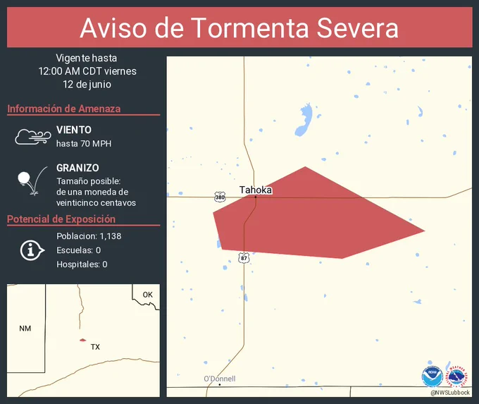 Este gráfico muestra la localización en el mapa de un aviso de tormenta severa. El aviso estará en efecto hasta las 12:00 AM CDT. El aviso incluye a Tahoka TX. El aviso incluye el este centro del condado de Lynn . Las amenazas asociadas a este aviso son: ráfagas de viento de 70 MPH y granizo del tamaño de una moneda de veinticinco centavos. Hay 1,138 personas bajo este aviso incluyendo 0 escuelas y 0 hospitales.