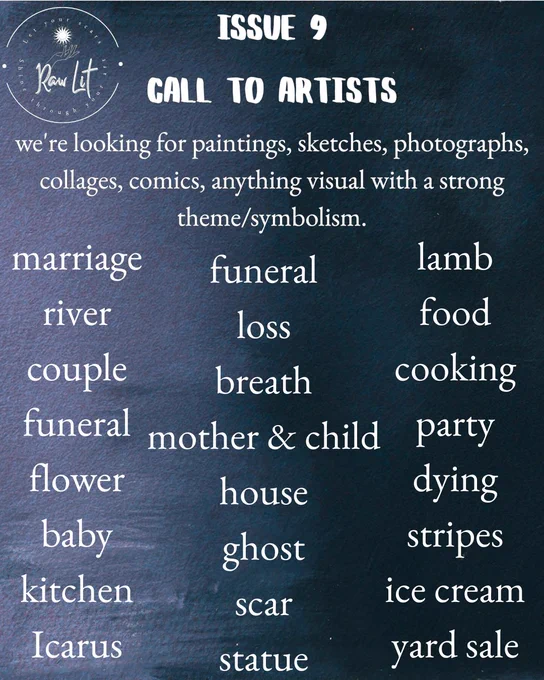 marriage
river
couple
funeral
flower
baby
kitchen
Icarus
funeral
loss
breath
mother & child
house
ghost
scar
statue
lamb
food
cooking
party
dying
stripes
ice cream
yard sale