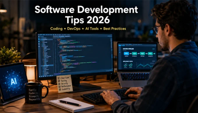 Developer working at a multi-monitor coding workstation showcasing software development, AI tools, DevOps workflows, and clean coding practices, representing Drovenio Software Development Tips for building scalable and secure applications in 2026.