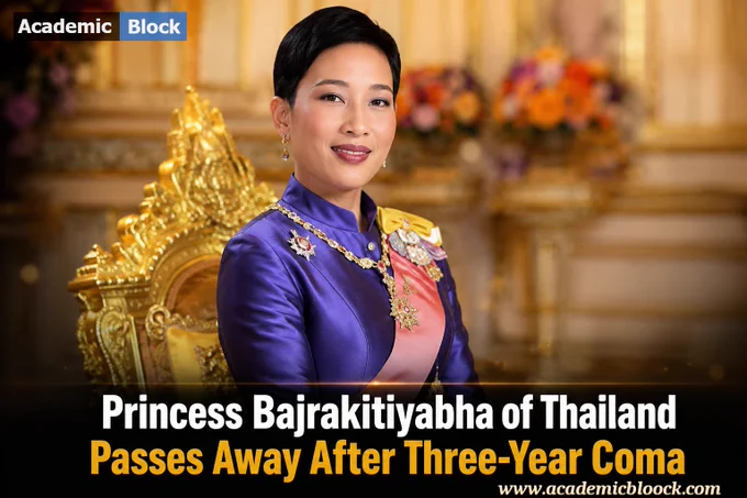 Memorial graphic of Princess Bajrakitiyabha with headline announcing her death after more than three years in a coma, designed in somber tones to convey respect and mourning.
